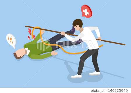 3D Isometric Flat Vector Illustration of Electric Shock Accident, Effective First Aid 140325949