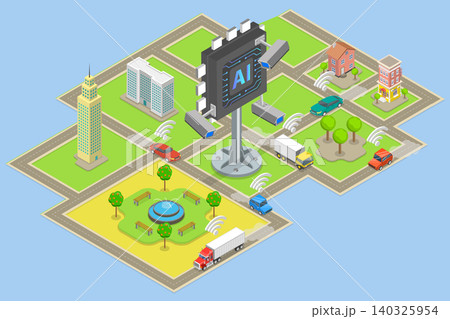 3D Isometric Flat Vector Illustration of AI Traffic Control, AI-Powered Smart Traffic System With Autonomous Cars And Wireless Signals. 3D Isometric Flat Vector Illustration of AI Traffic Control, AI-Powered Smart Traffic System With Autonomous Cars And Wireless Signals. 140325954