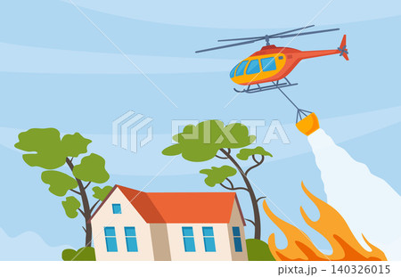 Firefighting helicopter dropping water on a forest fire forest fire creeping up on houses to extinguish flames. Vector illustration. 140326015