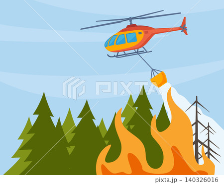 Firefighting helicopter dropping water on a forest fire to extinguish flames. Vector illustration. 140326016