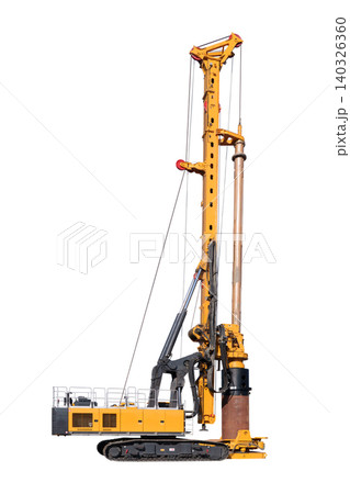 Vertical view, isolated full-size image of a tracked rotary drilling rig for deep foundation drilling, on a white background Vertical view, isolated full-size image of a tracked rotary drilling rig for deep foundation drilling, on a white background 140326360