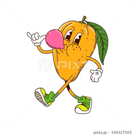 Cartoon groovy mango fruit character blowing a bubble gum with shaka gesture. Isolated vector lively, retro mango tropical fruit personage walks, dressed in sneakers, exuding playful and cheerful vibe 140327503