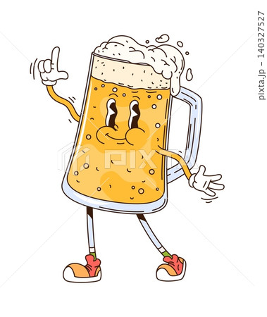 Cartoon groovy beer tankard drink character with foam on top, wearing sneakers and smiling, giving a pointing gesture. Vector funky glass cup personage exuding happiness, celebration and festivity Cartoon groovy beer tankard drink character with foam on top, wearing sneakers and smiling, giving a pointing gesture. Vector funky glass cup personage exuding happiness, celebration and festivity 140327527