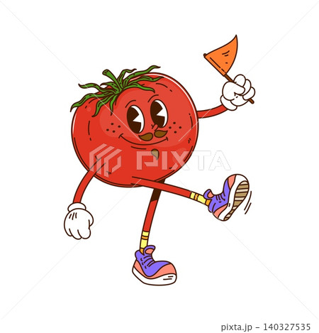 Groovy cartoon ripe tomato vegetable character with mustaches. Vector healthy tomato veggie retro food personage with funky hippie trippy smiling face, wear vintage sneakers and carries a flag in hand Groovy cartoon ripe tomato vegetable character with mustaches. Vector healthy tomato veggie retro food personage with funky hippie trippy smiling face, wear vintage sneakers and carries a flag in hand 140327535