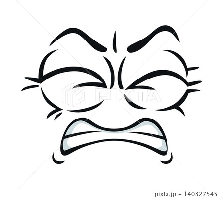 Cartoon funny face expression emoji with an angry, scowling emotion, featuring clenched teeth and furrowed brows. Cartoon vector icon for website, game, app, social media and presentations 140327545