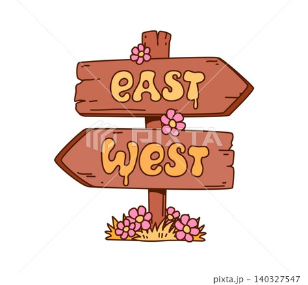 Groovy western wooden signpost icon. Cartoon rustic directional sign with East and West arrows, decorated with pink flowers. Cowgirl wooden board for western party posters, invitations and decorations 140327547