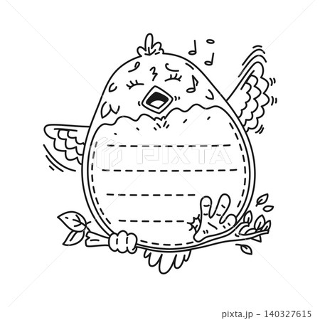 Kids memo note frame with cartoon cute singing bird perched on a branch, featuring dashed lines on its belly. Black and white vector template for kids writing worksheets, educational activities 140327615