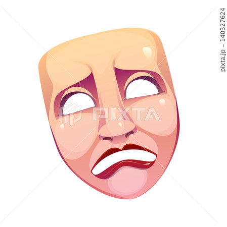 Cartoon theatrical tragedy mask with a sorrowful expression, furrowed brows, and a frowning mouth. Vector face, movie and cinema object represent sadness, grief, and emotional dramatic depth 140327624