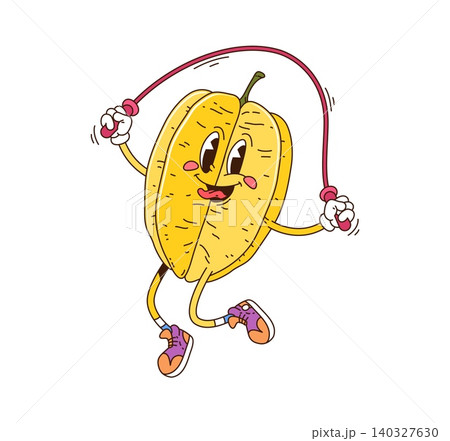 Cartoon funny groovy starfruit fruit character in hippie sneakers cheerfully jumping with rope and happy expression. Vector sweet and ripe tropical carambola food personage promotes healthy lifestyle 140327630