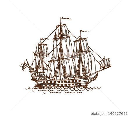 Vintage pirate sail ship and sailboat, European wooden galleon and warship sketch. Vector hand drawn engraved sea transport with flags, mast, rigging and wooden hull. Nautical maritime ship with waves 140327631