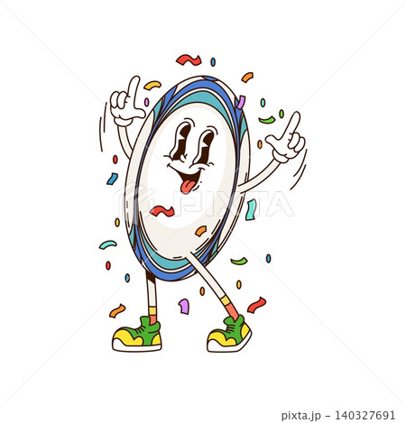 Cartoon groovy rugby ball sport character. Vector retro personage celebrating with happy expression and falling confetti, represents positivity and fun conveying nostalgic and cheerful hippie y2k vibe Cartoon groovy rugby ball sport character. Vector retro personage celebrating with happy expression and falling confetti, represents positivity and fun conveying nostalgic and cheerful hippie y2k vibe 140327691