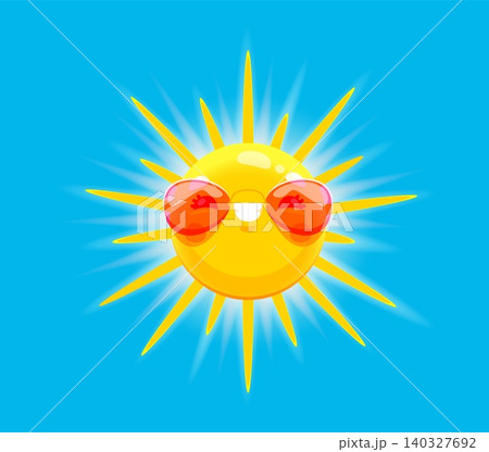 Cartoon happy sun mascot character with smile face. Vibrant yellow sun wearing bright red sunglasses, featuring joyful grin and long pointed rays. Vector personage for summer holiday decorations Cartoon happy sun mascot character with smile face. Vibrant yellow sun wearing bright red sunglasses, featuring joyful grin and long pointed rays. Vector personage for summer holiday decorations 140327692