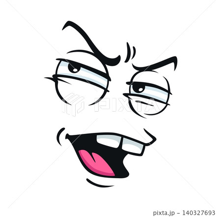 Cartoon face expression emoji, angry emotion. Asymmetric squinting eyes, heavy furrowed brows, and snarling mouth with teeth. Vector cartoon face, social media reaction and book illustration Cartoon face expression emoji, angry emotion. Asymmetric squinting eyes, heavy furrowed brows, and snarling mouth with teeth. Vector cartoon face, social media reaction and book illustration 140327693