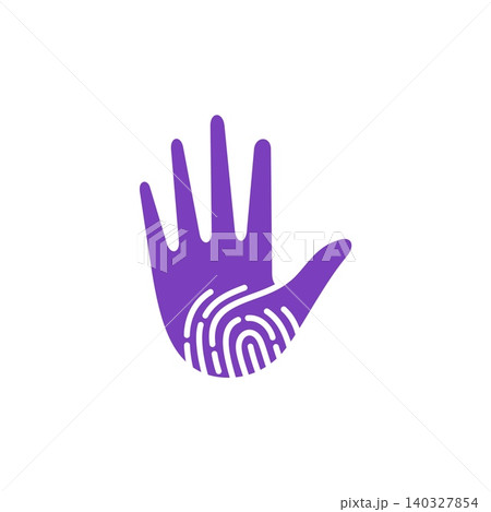Biometric identity icon hand with fingerprint pattern. Vector purple palm symbol of security, authentication, access or digital verification, privacy protection technology or personal data recognition Biometric identity icon hand with fingerprint pattern. Vector purple palm symbol of security, authentication, access or digital verification, privacy protection technology or personal data recognition 140327854