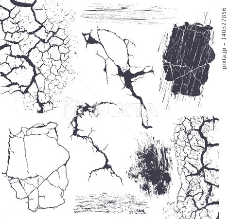 Grunge surface cracks, wall splits and road fractures with scratches, distress vector texture. Grunge cracks and random scrapes, broken area frame of rough edges for retro background or photo overlay Grunge surface cracks, wall splits and road fractures with scratches, distress vector texture. Grunge cracks and random scrapes, broken area frame of rough edges for retro background or photo overlay 140327856