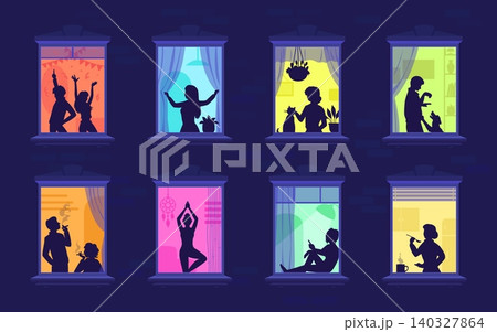 Neighborhood night windows with silhouettes of people dancing, feeding pets, or smoking. Vector neighborhood night windows with people practicing yoga, cooking, talking, and meditating in home rooms 140327864
