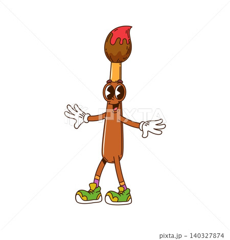 Cartoon groovy paintbrush character in green sneakers. Retro education personage walking with a cheerful smile. Psychedelic vector paintbrush for educational designs, or funky stationery branding 140327874