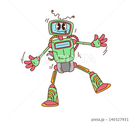 Cartoon dancing green pink robot with wavy antennas and loose wires. Funky vector character sticking out its tongue. Trippy 70s personage for repair service branding or playful tech mascot 140327931