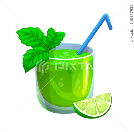 Cartoon green smoothie drink in glass with a straw, fresh mint leaves as garnish and a lime wedge on the side. Isolated vector fresh, healthy, and vibrant beverage for detox or a summer refreshment 140327953