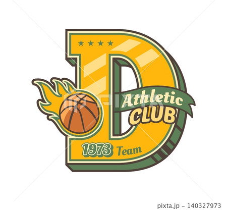 Varsity sport team patch and label. Bold letter D with flaming basketball, text and five stars in gold and green retro design. Vintage patch for sports apparel, and basketball team uniforms Varsity sport team patch and label. Bold letter D with flaming basketball, text and five stars in gold and green retro design. Vintage patch for sports apparel, and basketball team uniforms 140327973