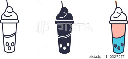 Three variations of a bubble tea drink icon, featuring outline, solid silhouette, and colored versions with whipped cream and a straw.	 140327975