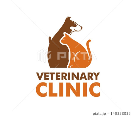 Veterinary clinic icon with cat and dog characters silhouette, vector emblem. Veterinary clinic and vet doctor or pet health care medical center badge, dog and cat for domestic animals veterinarian 140328033