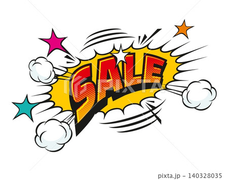 Comic sale pop art promo splash sticker, sound effect speech bubble featuring bold red letters with halftone effects, surrounded by smoke bursts, motion lines and stars on yellow explosion background 140328035