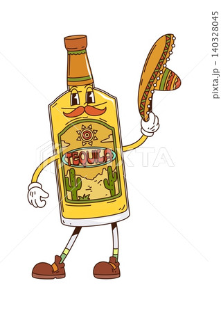 Cartoon funky groovy Mexican tequila hippie alcohol drink bottle character with smiling face, mustache, sombrero and label with cactus and desert. Vector cute personage with festive playful y2k mood Cartoon funky groovy Mexican tequila hippie alcohol drink bottle character with smiling face, mustache, sombrero and label with cactus and desert. Vector cute personage with festive playful y2k mood 140328045