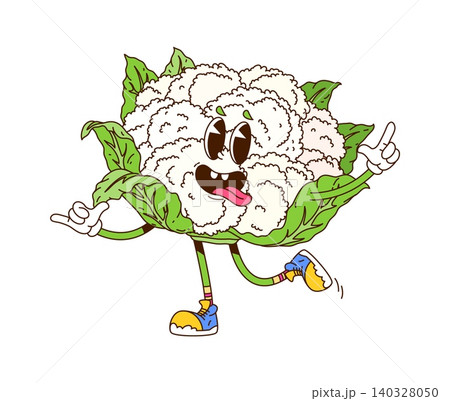Cartoon ripe funky groovy hippie trippy cauliflower cabbage vegetable character with expressive eyes and quirky smile. Isolated vector ripe and raw healthy farm food veg personage exudes playful vibe 140328050