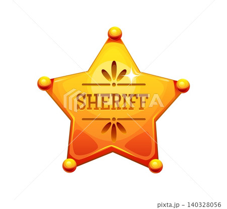 Wild West golden sheriff star badge, western police officer shield. Classic symbol features detailed five point star with central Sheriff inscription. Cartoon vector badge for cowboy party 140328056