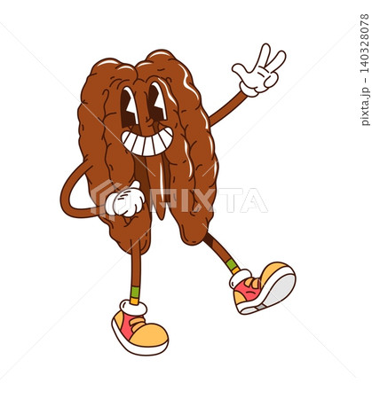 Cartoon funky groovy pecan nut character exudes hippie y2k vibes with cheerful expression. Isolated vector quirky and nutty snack personage, wearing sneakers and promotes health, energy and happiness Cartoon funky groovy pecan nut character exudes hippie y2k vibes with cheerful expression. Isolated vector quirky and nutty snack personage, wearing sneakers and promotes health, energy and happiness 140328078