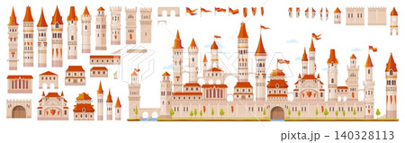 Castle game constructor of medieval fortress, ancient town gate, tower wall and turret stone building. Cartoon vector castle constructor of king palace, fort rooftops and arched bridge of royal fort 140328113