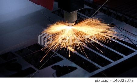 Laser cutting machine. High precision laser cutting robot processing sheet metal in factory. Ai automated CNC manufacturing technology creates intricate components with sparks accuracy and efficiency Laser cutting machine. High precision laser cutting robot processing sheet metal in factory. Ai automated CNC manufacturing technology creates intricate components with sparks accuracy and efficiency 140328378