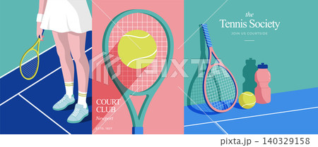 Tennis club poster with female tennis player legs on court, racket and tennis balls. Retro sports Tennis club poster with female tennis player legs on court, racket and tennis balls. Retro sports 140329158