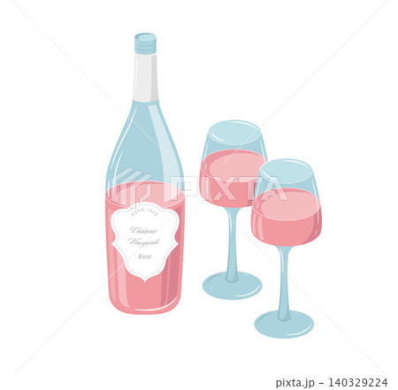 Rose wine bottle and glasses pink vintage illustration. Retro pastel vector design for winery or 140329224