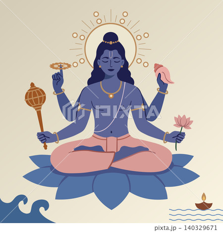 Majestic vector illustration of lord vishnu, the hindu god of preservation, depicted with traditional symbols and celestial aura, detailed religious artwork for cultural and spiritual themes Majestic vector illustration of lord vishnu, the hindu god of preservation, depicted with traditional symbols and celestial aura, detailed religious artwork for cultural and spiritual themes 140329671