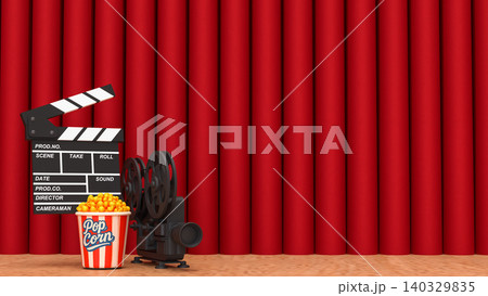 Cinema Stage Scene With Popcorn And Film Clapperboard 3d render. 140329835