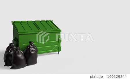 Green Waste Container With Black Garbage Bags 3d render. Green Waste Container With Black Garbage Bags 3d render. 140329844
