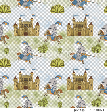 Seamless pattern medieval castle and knights on horses, cartoon. Watercolor hand-drawn illustration. Drawing for paper, cards, scrapbooking. History, tournament, battle, warrior, horse, armor Seamless pattern medieval castle and knights on horses, cartoon. Watercolor hand-drawn illustration. Drawing for paper, cards, scrapbooking. History, tournament, battle, warrior, horse, armor 140330071