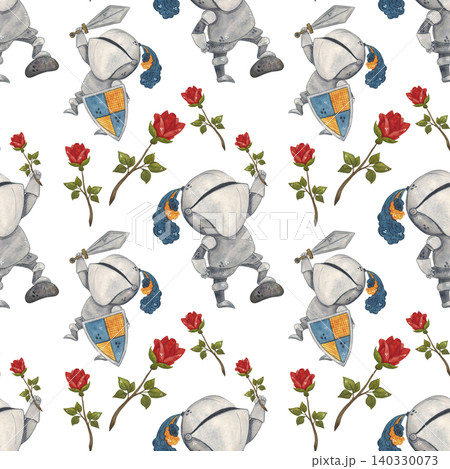 Seamless pattern medieval knights and red rose, cartoon. Watercolor hand drawn illustration. Drawing for paper, cards, scrapbooking. History, tournament, battle, warrior, armor 140330073