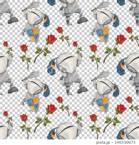 Seamless pattern medieval knights and red rose, cartoon. Watercolor hand drawn illustration. Drawing for paper, cards, scrapbooking. History, tournament, battle, warrior, armor 140330073