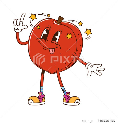 Cartoon funny groovy tropical nectarine fruit character gesturing with finger up, sticking tongue and stars spinning around. Vector ripe cheerful quirky peach fruit retro personage in vintage sneakers Cartoon funny groovy tropical nectarine fruit character gesturing with finger up, sticking tongue and stars spinning around. Vector ripe cheerful quirky peach fruit retro personage in vintage sneakers 140330133