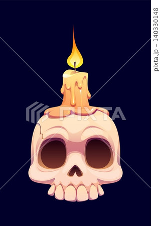 Halloween cartoon lantern of human skull with burning candle placed on top, vector icon. Candle with wax drips down over surface of skull skeleton for Halloween horror night holiday scary symbol 140330148