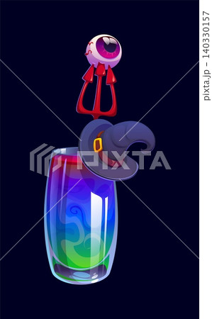 Halloween party cocktail, scary beverage in a glossy glass, bent witch hat decorates the drink and a bloodshot eyeball skewered on a red pitchfork above, Halloween holiday vector cocktail drink glass Halloween party cocktail, scary beverage in a glossy glass, bent witch hat decorates the drink and a bloodshot eyeball skewered on a red pitchfork above, Halloween holiday vector cocktail drink glass 140330157