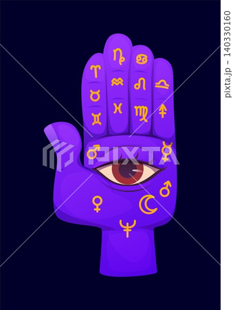 Cartoon Halloween mystical purple hand with all seeing eye on palm, vector icon. Hand with golden mystery signs on fingers or horoscope zodiac symbols for Halloween holiday and occult esoteric Cartoon Halloween mystical purple hand with all seeing eye on palm, vector icon. Hand with golden mystery signs on fingers or horoscope zodiac symbols for Halloween holiday and occult esoteric 140330160
