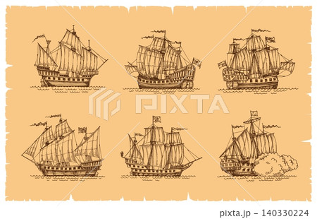 Vintage pirate wooden sail ships and sailboats or european galleon and warship, vector sketch engraving. Medieval ships and retro sailboats, ancient frigates with sails and frigates on maritime battle Vintage pirate wooden sail ships and sailboats or european galleon and warship, vector sketch engraving. Medieval ships and retro sailboats, ancient frigates with sails and frigates on maritime battle 140330224