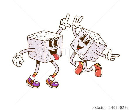 Cartoon retro groovy sugar cubes characters of funny dessert and confectionery, vector icon. Y2K groovy sugar cubes with silly happy faces and trippy smiles with yummy tongues out for candy characters Cartoon retro groovy sugar cubes characters of funny dessert and confectionery, vector icon. Y2K groovy sugar cubes with silly happy faces and trippy smiles with yummy tongues out for candy characters 140330272
