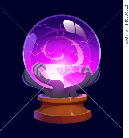Cartoon Halloween mystical crystal ball glowing with purple light on wooden stand, vector icon. Cartoon magical fortune telling sphere with enchanted energy for Halloween holiday witch magic occult Cartoon Halloween mystical crystal ball glowing with purple light on wooden stand, vector icon. Cartoon magical fortune telling sphere with enchanted energy for Halloween holiday witch magic occult 140330312