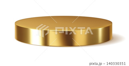 3D golden podium stage or brass metal stand pedestal of realistic round plate. Golden 3D podium or pedestal stage with metallic gold glossy texture on white background for premium product display 140330351
