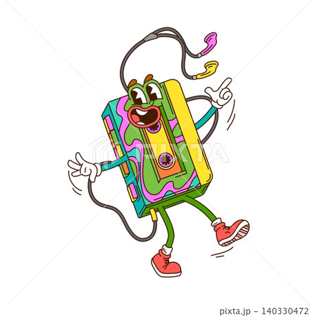Cartoon groovy cassette audio player character with colorful body, headphones, cheerful face and dancing pose in red sneakers. Retro music mascot for posters, social media posts and apparel designs Cartoon groovy cassette audio player character with colorful body, headphones, cheerful face and dancing pose in red sneakers. Retro music mascot for posters, social media posts and apparel designs 140330472